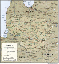 Political and administrative map of Lithuania with relief, roads and cities.