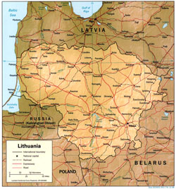 Political map of Lithuania with relief, roads and cities.