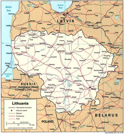 Political map of Lithuania with roads and cities.