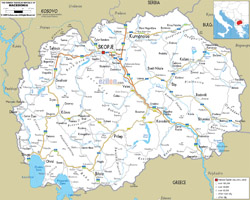 Detailed road map of Macedonia with cities and airports.