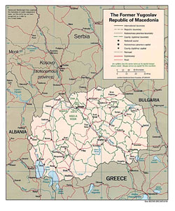 Political and administrative map of Macedonia with roads and cities.