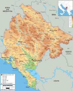 Detailed physical map of Montenegro with roads, cities and airports.