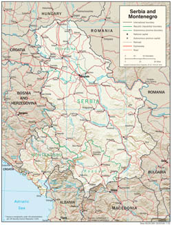 Detailed political and administrative map of Serbia and Montenegro with relief, roads and cities.