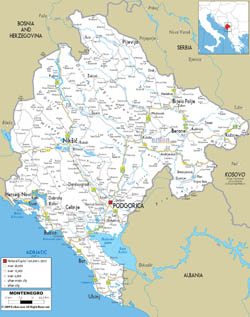 Detailed road map of Montenegro with cities and airports.