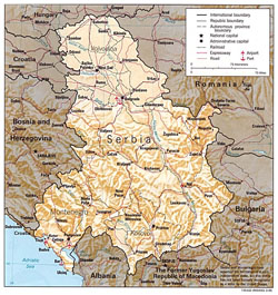 Political and administrative map of Serbia and Montenegro with relief.