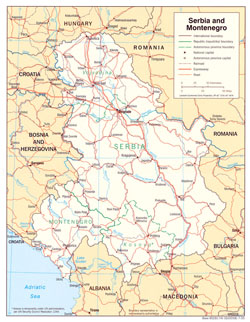 Political and administrative map of Serbia and Montenegro with roads and cities.
