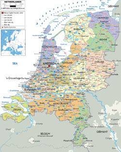 Detailed political and administrative map of Netherlands with roads, cities and airports.