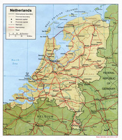 Political map of Holland with relief, roads and cities.