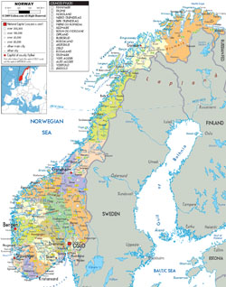 Detailed political and administrative map of Norway with all roads, cities and airports.