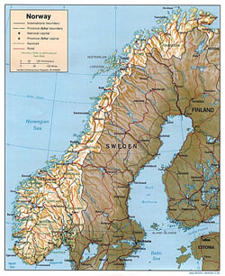 Political and administrative map of Norway with relief, roads and cities.