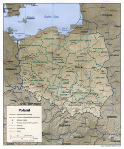 Detailed political and administrative map of Poland with relief, roads and cities.