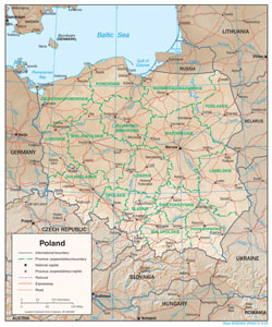 Large political and administrative map of Poland with relief, roads and cities.