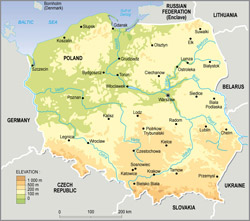Physical map of Poland.