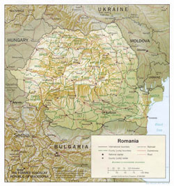 Political and administrative map of Romania with relief, roads and cities.