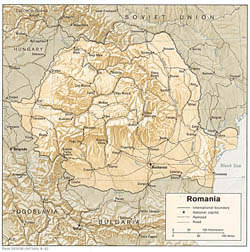 Political map of Romania with relief, roads and cities.
