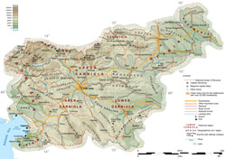 Detailed road and physical map of Slovenia.