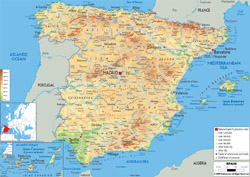 Detailed physical map of Spain with all roads, cities and airports.