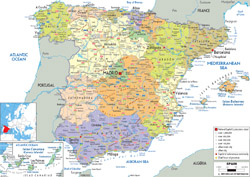 Detailed political and administrative map of Spain with all roads, cities and airports.