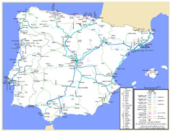 Detailed railroads map of Spain and Portugal.