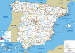 Detailed road map of Spain with all cities and airports.