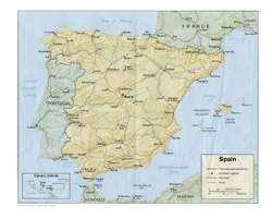 Political map of Spain with relief, roads and cities.