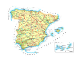 Road map of Spain with cities and airports.