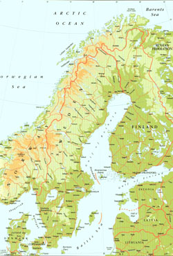 Detailed elevation map of Sweden.