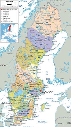 Detailed political and administrative map of Sweden with all roads, cities and airports.