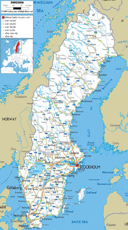 Detailed road map of Sweden with all cities and airports.