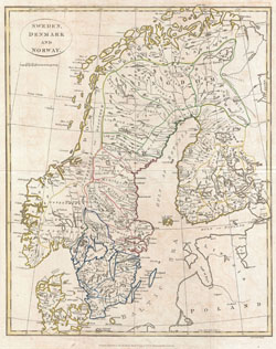 Old map of Sweden, Denmark and Norway 1799.