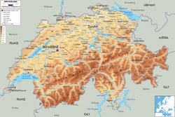 Detailed physical map of Switzerland with all roads, cities and airports.