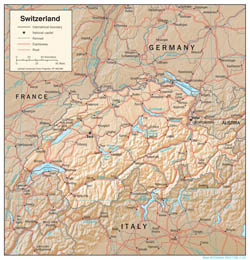 Detailed political map of Switzerland with relief, roads and cities.