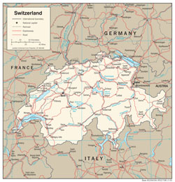 Detailed political map of Switzerland with roads and cities.