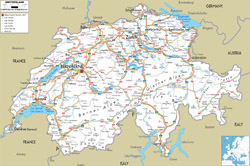 Detailed road map of Switzerland with all cities and airports.