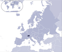 Location map of Switzerland on the map of Europe.