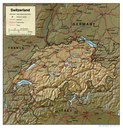 Political map of Switzerland with relief, roads and cities.