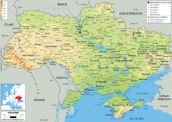 Detailed physical map of Ukraine with all cities, roads and airports.