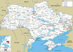 Detailed road map of Ukraine with all cities and airports.