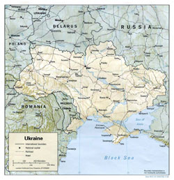 Political map of Ukraine with relief, roads and cities.