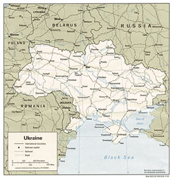 Political map of Ukraine with roads and cities.